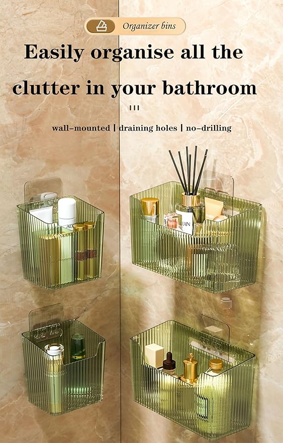 Set Of 2 Storage Organizer Bins Wall Mounted Shower Basket, Shower Caddy Stackable Clear Plastic Makeup Organizer Adhesive Hanging Bin for Bathroom, Kitchen, Cabinet, Pantry, BPA Free, Large, Clear-NeatNest