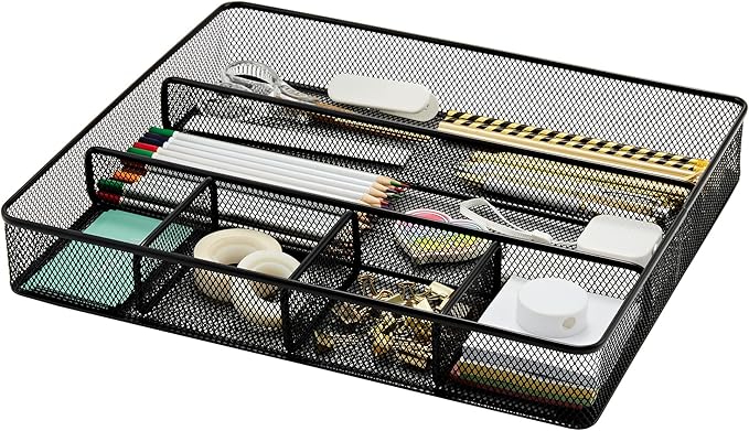 Annova Desk Top Organizer Tray for Office Organization - Metal Mesh - Storage Tray with Dividers for Pens, Desktop Accessories, Bathroom, Kitchen, Makeup and Office Supplies (Large, Black)-NeatNest