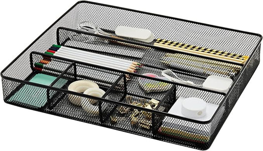 Annova Desk Top Organizer Tray for Office Organization - Metal Mesh - Storage Tray with Dividers for Pens, Desktop Accessories, Bathroom, Kitchen, Makeup and Office Supplies (Large, Black)-NeatNest
