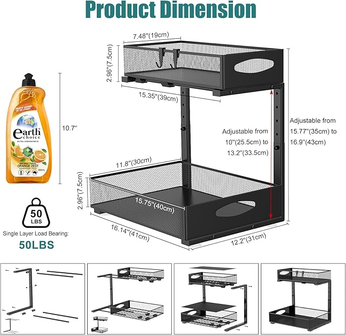 1 Pack Large Under Sink Organizer, 2 Tier Metal Pull Out Under Sink Storage with Sliding Mesh Drawers, Height Adjustable Slide Out Under Cabinet Organizer for Kitchen Bathroom, Black-NeatNest