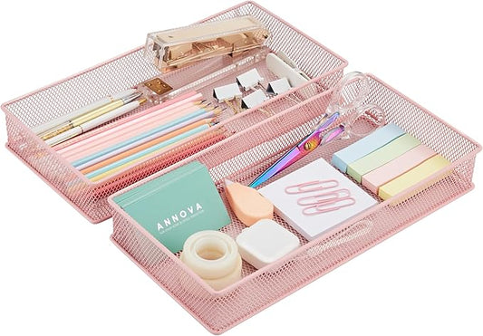 Annova Mesh Stackable Drawer Cabinet and Shelf Organizer Bins Storage Basket School Office Supply Holder Tray- Set of 2 (Light Pink, 6x12x2 Inch)-NeatNest