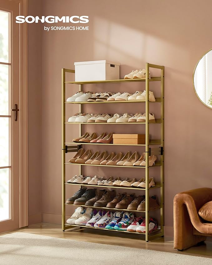 SONGMICS Shoe Rack, 8-Tier Shoe Organizer, Metal Rack for Garage, Set of 2, 4-Tier Stackable Shelf, with Adjustable Flat or Angled Shelves, 32-40 Pairs, Pale Gold ULMR08A02-NeatNest