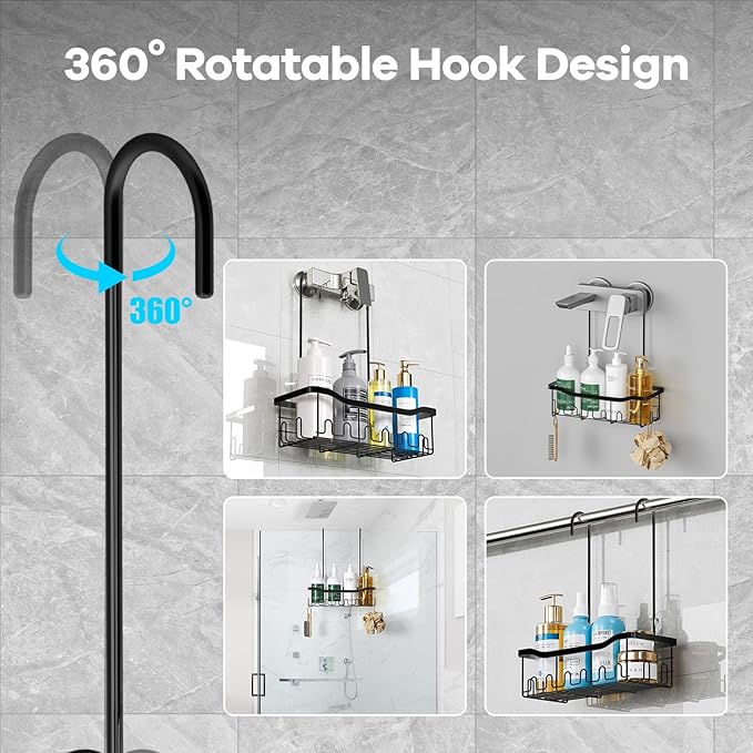 BYT Shower Caddy Hanging, Organizer Hanging for Bathroom, Shower Basket with Hooks, Shower Storage, Shelf, Rack No Drilling for Faucet or Cross Bar (Black)