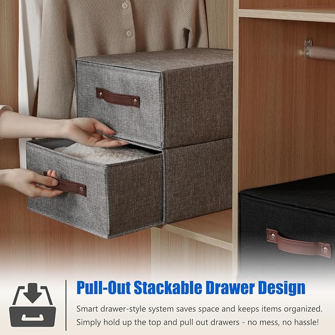 Closet Drawer Organizer Stackable Fabric Storage Boxes Bins Baskets with Lid PU Leather Handles Foldable Washable Cotton Linen Wardrobe Shelf Clothes Towels Container (Black, Large)-NeatNest