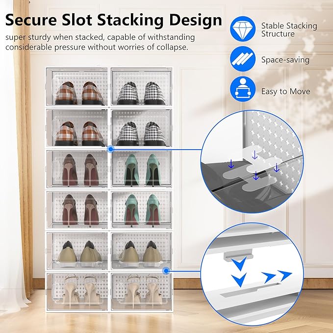 12 Pack Large Modular Clear Plastic Stackable Shoe Storage Organizer for Closet, Space Saving Versatile Sneaker Shoe Rack Containers Bins Holders, Portable Closet Organizers and Storage, White-NeatNest