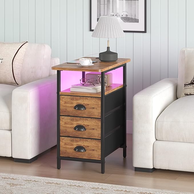 End Table with Charging Station,LED Side Tables with USB Ports and Outlets,Narrow Nightstands Bedside Tables with 3 Fabric Drawers for Small Space,Slim Sofa Table for Livingroom, Rustic Brown