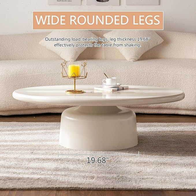 Creamy White Oval Coffee Table 45.6" Cute Corner Center Tables with Sturdy Pedesta Modern Wood Tea Table Low Floor Tables for Living Room Bedroom Easy Assembly,Oval Table-NeatNest