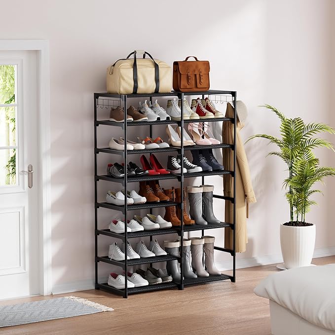 VIZUN 8 Tier Tall Shoe Rack Heavy Duty Sturdy Metal, 26-30 Pairs Boots Storage, Shoes Organizer with Pockets for Entryway Garage-NeatNest