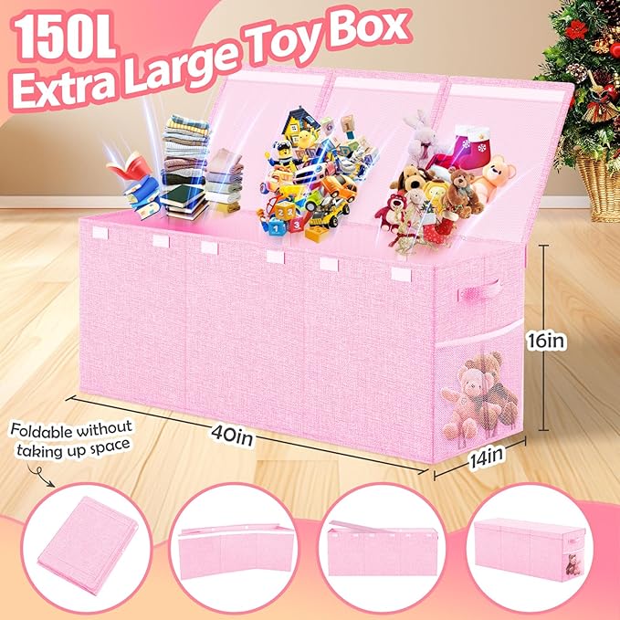 Extra Large Toy Storage Box with Lid Divider, Sturdy Collapsible Toys Organizer Chest Kids Storage Bins Boxes Baskets for Boys, Girls, Nursery, Bedroom, Living Room, Playroom, 40"x14"x16", Pink