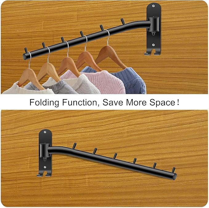 2-Pack Wall Mounted Folding Clothes Hanger Rack, Stainless Steel Clothes Hooks with Swing Arm Holder Space Saving Clothing Hanging System Closet Storage Organizer Heavy Duty Drying Rack (Black)
