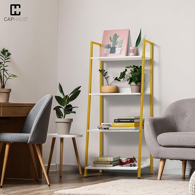 CAPHAUS 4 Tier Ladder Bookshelf, 24 Inch Width Free Standing Shelf, Bookcase Shelf Storage Rack Organizer, Industrial Book Shelves for Home Office, Living Room, Kitchen, White Shelves & Gold Frame-NeatNest