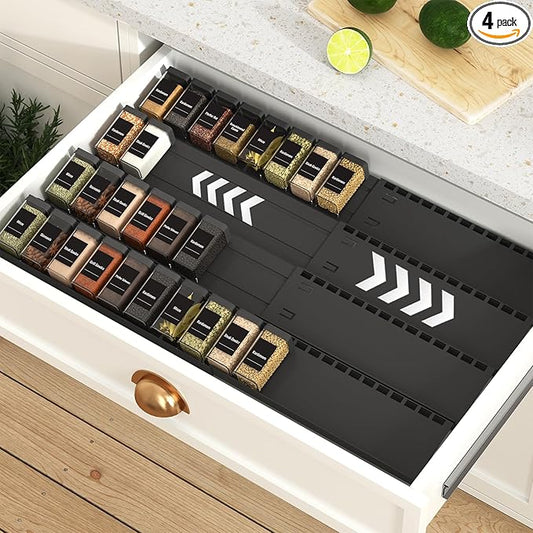 4-Tier Spice Drawer Organizer - 4 Pack Expandable Seasoning Rack (13" to 24.4") for Kitchen Drawers, Organization Insert Tray (Jars Not Included)-NeatNest