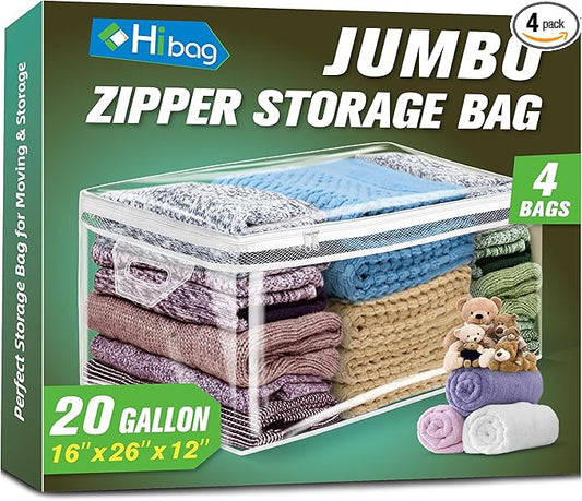 HIBAG 20 Gallon Large Storage Bag for Clothes, Zipper Clothing Storage Bag, Clear Organizer with Reinforced Handles, for Comforters Blankets Pillows Bedding (4 Pack)-NeatNest