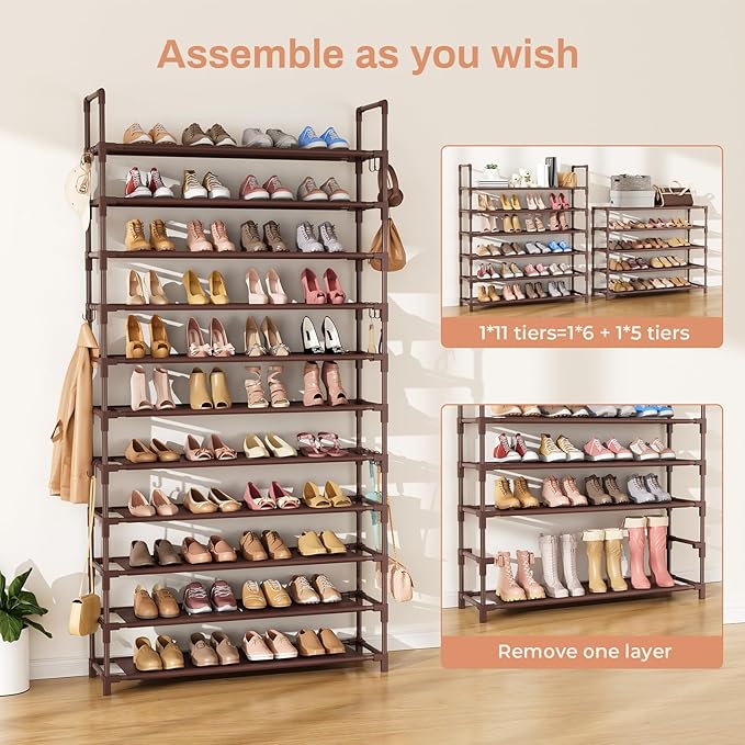 11 Tiers Tall Shoe Rack Holds 55 Pairs of Shoes with 18pcs Hooks Sturdy Wide Shoe Organizer Storage Free Standing Metal Shoe Shelf for Closet, Entryway Brown-NeatNest