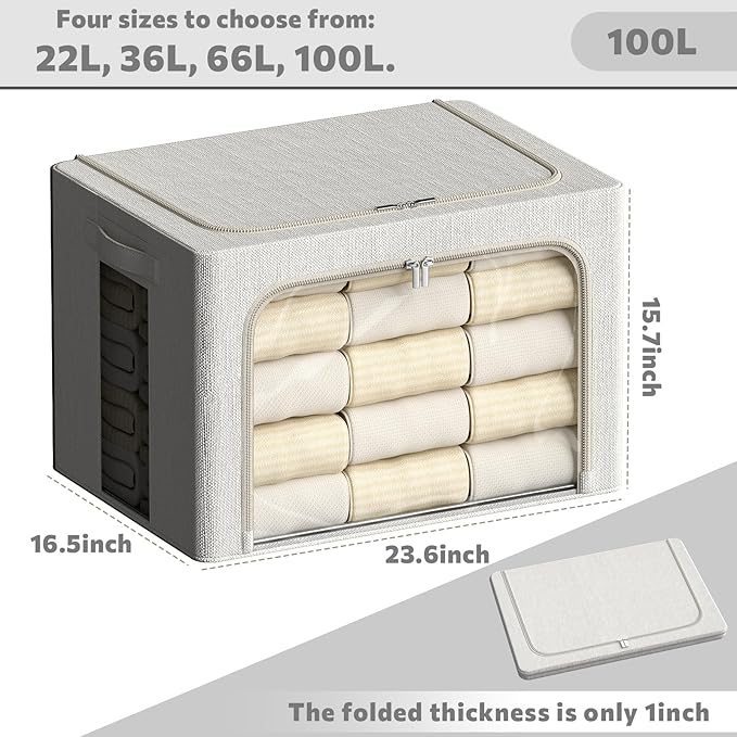 2 Pack Clear Window Storage Bins Large Stackable Linen Fabric Storage for Clothes Foldable Container Organizer Set with Carrying Handles (Lvory White, 23.6x 16.5x 15.7 Inch)-NeatNest