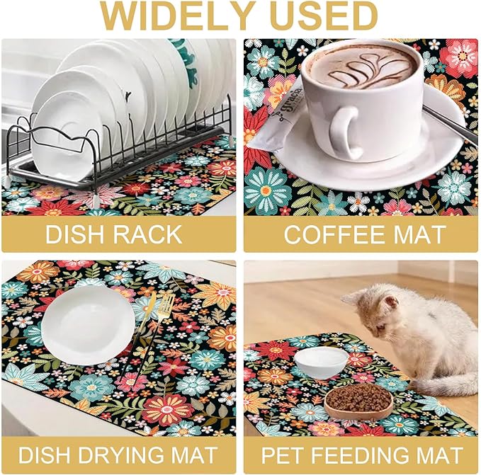 Colorful Embroidery Flowers Dish Drying Mats Super Absorbent Dish Drainer Rack Pad Non-Slip Drying Mat for Kitchen Counter, 24"x16"-NeatNest