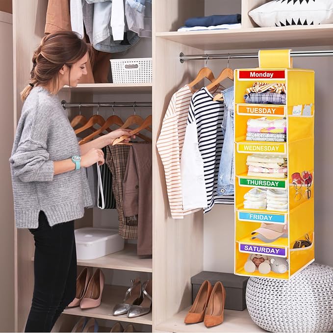6-Shelf Weekly Closet Hanging Organizer for Kids, YOCOMEY 6-Grid Days of the Week Baby Kids Clothing Organizer Monday through Saturday, Foldable Oxford Cloth Closet Clothes Weekday Storage (New Yellow-NeatNest