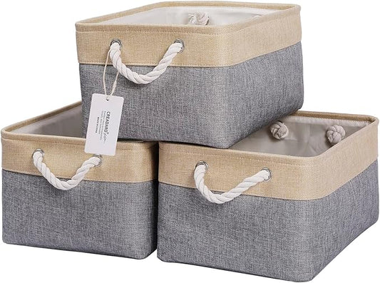 Fabric Storage Basket Set of 3, Foldable Linen Storage Box for Nursery and Home, Collapsible Canvas Shelf Basket for Wardrobe or Bedroom, Grey and Beige