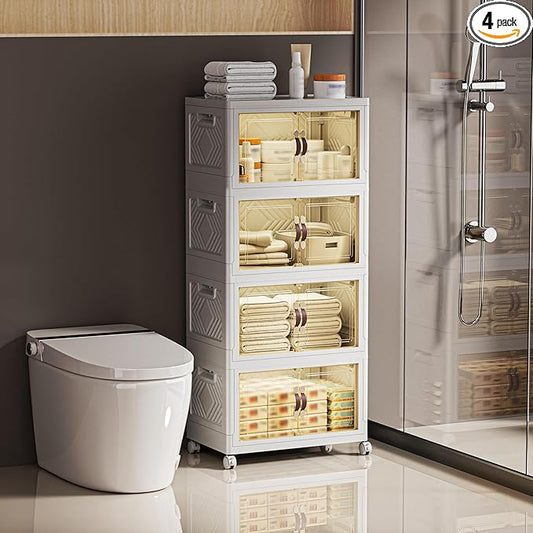 268 QT / 67 Gal White Storage Bins with 1 Lid - Collapsible Stackable Cabinet Organizer w/Wheels & Magnetic Doors, Plastic Storage Box for Office Closet Organization-NeatNest