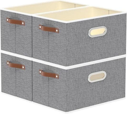 Yawinhe Fabric Storage Baskets, Foldable Closet Organizer for Shelves, Large Boxes with 3 Handles, Canvas Bins for Clothes, Grey, 12.99''Lx9.05''Wx7.87''H, 4-Pack-NeatNest