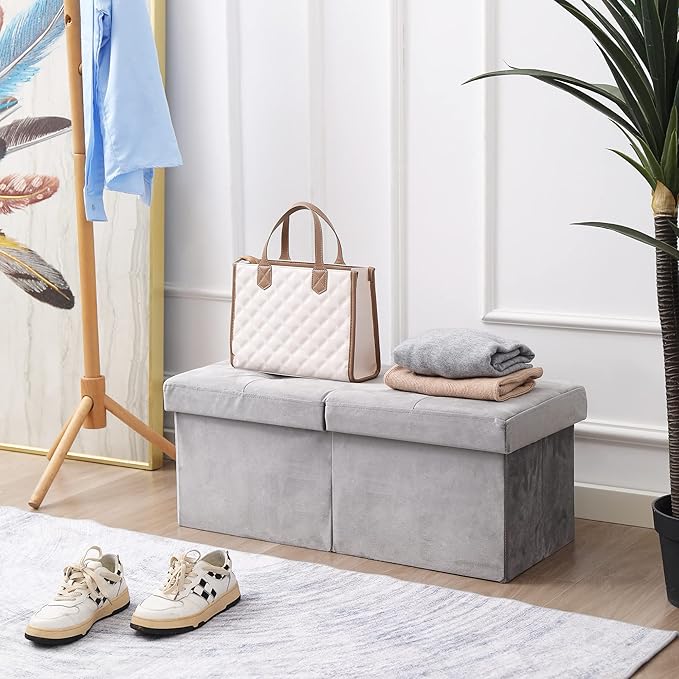 CUYOCA Storage Ottoman Bench Foldable Seat Footrest Shoe Bench End of Bed Storage with Flipping Lid, 75L Storage Space, 30 inches Velvet Light Grey-NeatNest