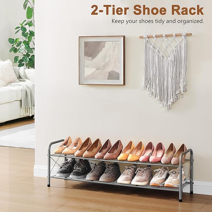 Hoctieon 2 Tier Shoe Rack for Closet, Durable Mesh Style Shoe Rack, Entryway Shoe Shelf, Shoe Storage Organizer for Hallway, Bedroom, Living Room, Wardrobe, Grey-NeatNest