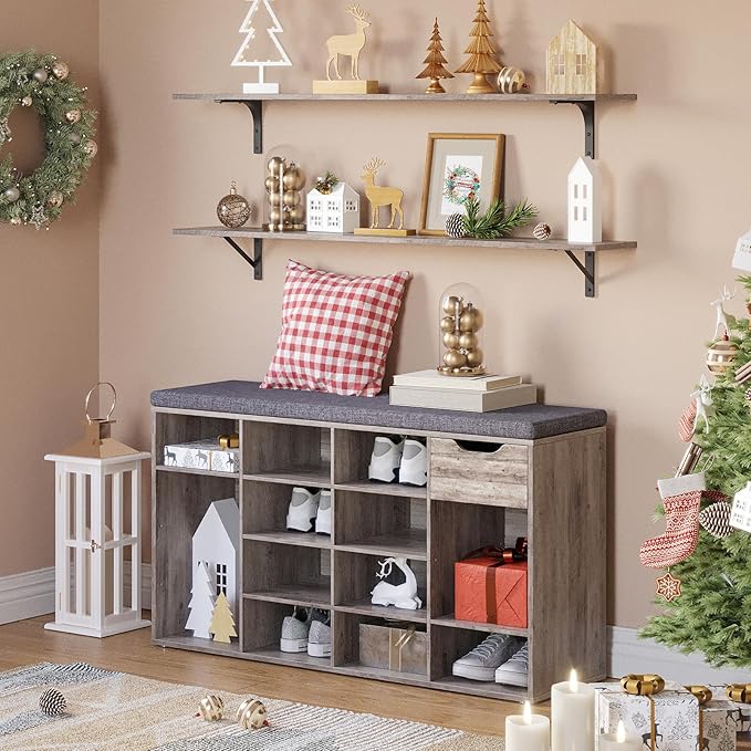 DINZI LVJ Shoe Bench, Entryway Storage Bench with Drawer and 15 Cubbies, Cubby Shoe Rack with Adjustable Shelves, Shoe Organizer Cabinet for Living Room, Bedroom, Mudroom, Closet and Garage, Greige-NeatNest
