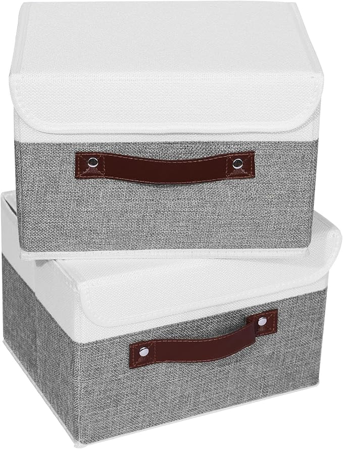 ANMINY 2PCS Storage Boxes with Lid Washable Decorative Storage Bins Basket with PU Leather Handle Foldable Linen Fabric Storage Cubes Containers for Home Closet Organizer - Gray White, Small Size-NeatNest