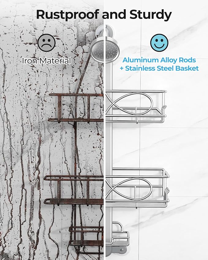 ODesign 2 Tier Stainless Steel Anodized Aluminum,Height-Adjustable Rustproof Shower Caddy Hanging Anti-Swing-Over The Shower Head Caddy-Bathroom Showe r Storage Organizer With Soap Box Holder- Sliver