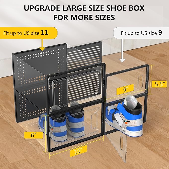 12 Pack X Large Shoe Storage Organizer for Closet, Modular Space Saving Shoe Boxes Clear Plastic Stackable Containers Display Case Bins with Lids, Black-NeatNest