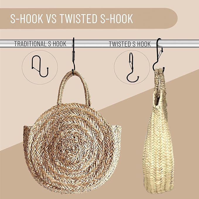 6 Purse Hanger for Closet. Tote Hanger. S-Shaped Hooks S Hooks Twist Design. Anti Drop S-Shaped Hook for Hanging Handbags with Safety Buckle to Prevent Falls. Heavy Duty. (Black, Twisted)-NeatNest