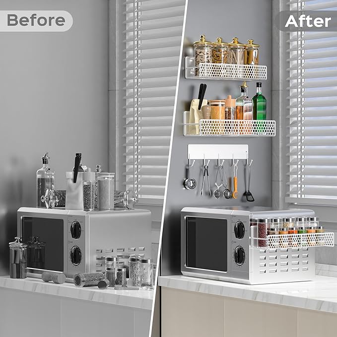 5 Pack Heavy Duty Magnetic Shelves for Laundry Room Organization, Magnetic Shelf for Washer & Dryer, Fridge Storage - Rustproof Magnetic Spice Rack, Towel Hanger & Clothes Holder (White)