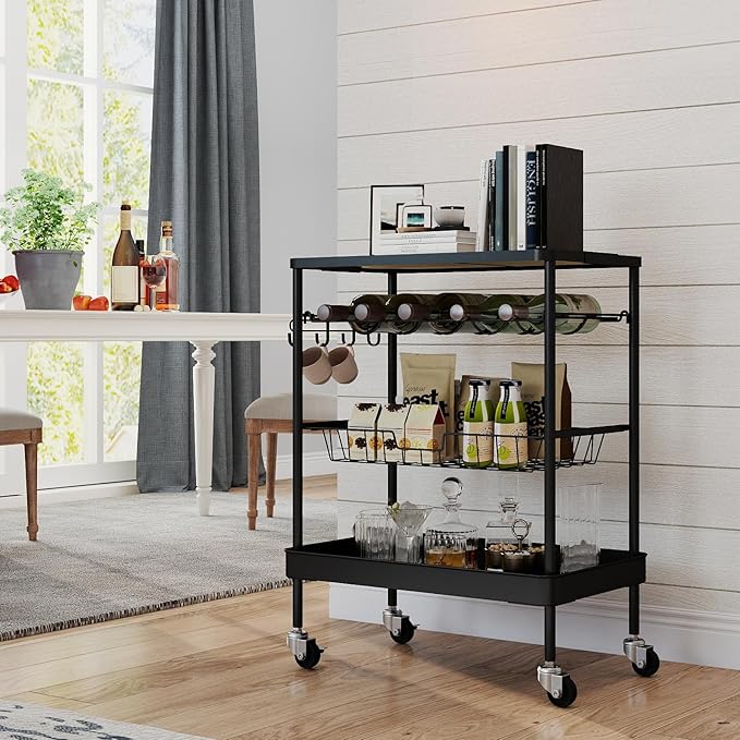 4 Tier Rolling Cart Metal, Easy Install Bar Cart, Heavy Duty, Lockable Wheels for Kitchen, Living Room, Microwave, Black