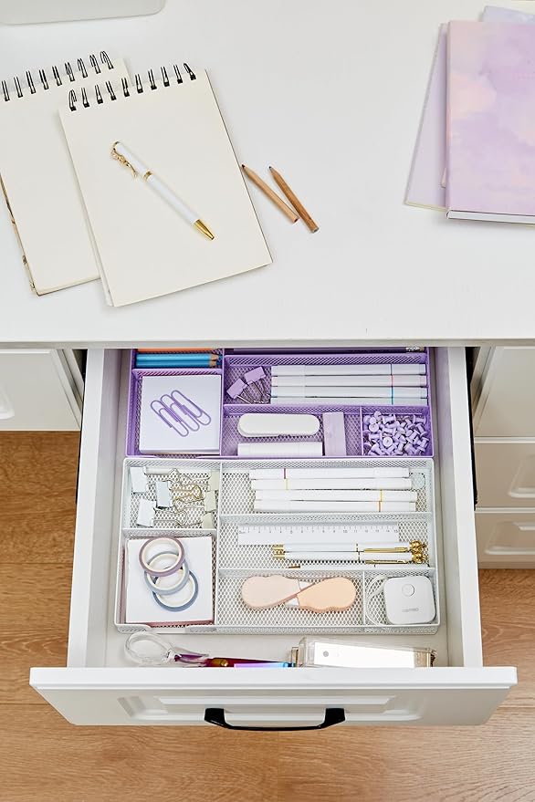 Annova Desk Drawer Organizer/Storage Tray - Metal Mesh with Dividers for Pens, Desktop Accessories, Bathroom, Kitchen, Makeup and Office Supplies (Small, Light Purple)-NeatNest