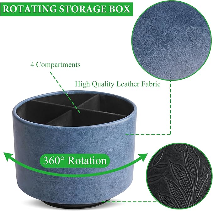 Hennaja Round Leather Art Supply Organizer,Remote Control Holder,360 Degree Spinning,Multi-Functional Pencil Holder,4 Compartments Desktop Stationary Organizer(1-Oil Blue)-NeatNest