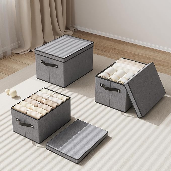 Clothing Storage Bins, Blanket Baskets for Shelves, Fabric Cubes with Handles and Lids, Decorative Linen Closet Organizers Boxes, Gray, 3 Pack, 16.5 x 11.8 x 10.2 Inch-NeatNest