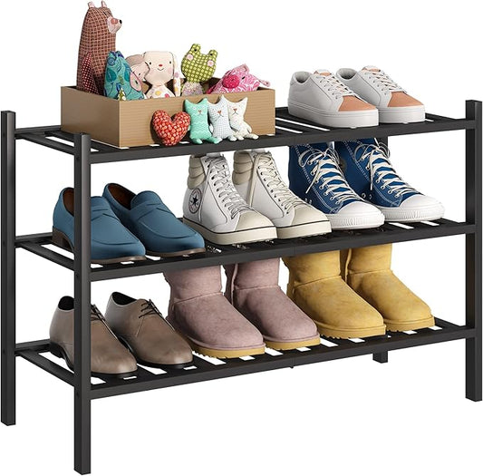 BMOSU 3-Tier Bamboo Shoe Rack Premium Stackable Shoe Shelf Storage Organizer for Hallway Closet Living Room Entryway Organizer (Black Bamboo)-NeatNest