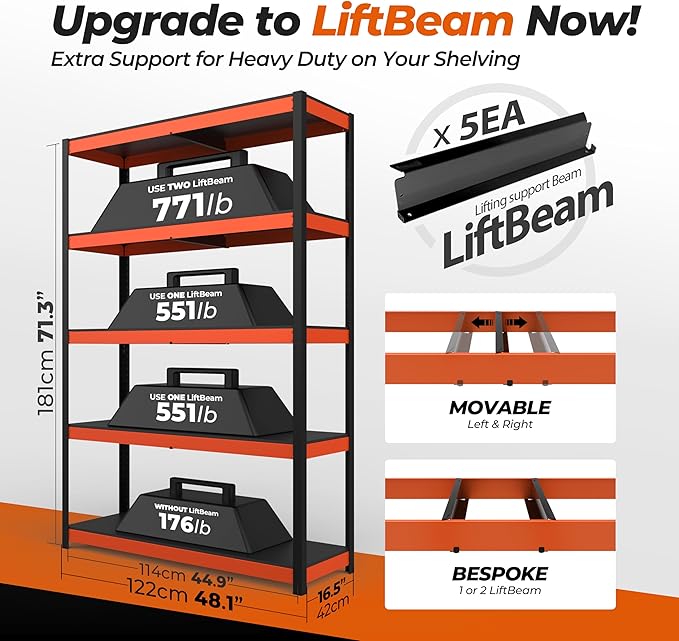 HOMEDANT House 5-Tier Orange-Black 48.1" W x 16.5" D x 71.3" H Laminated Metal Shelving Unit Adjustable Storage Utility Rack Heavy Duty Shelves Organization Shelf Kitchen Garage Pantry Closet 1Pack-NeatNest