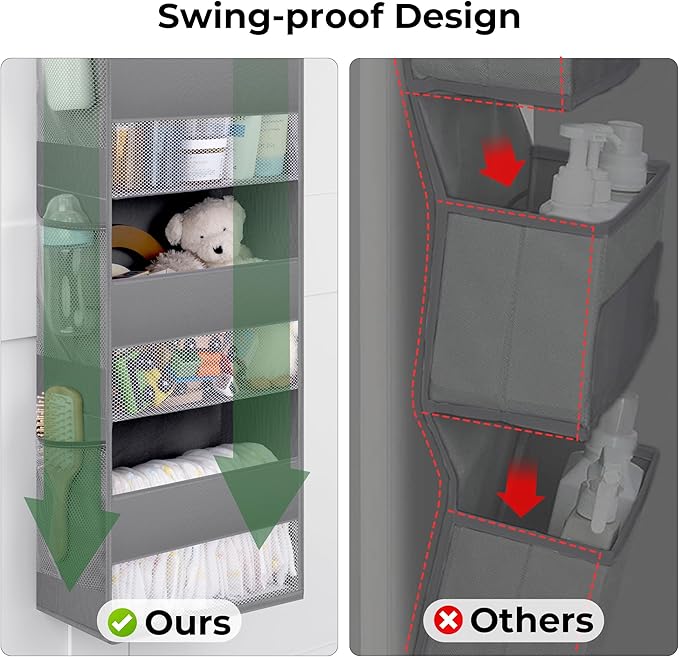 GRANNY SAYS Over The Door Organizer, 4-Shelf Behind The Door Storage with 6 Pockets and Clear Window, Anti Tilt Large Capacity Hanging Organizer Shelves for Baby Room, Nursery, Bathroom, Gray, 1 Pack-NeatNest