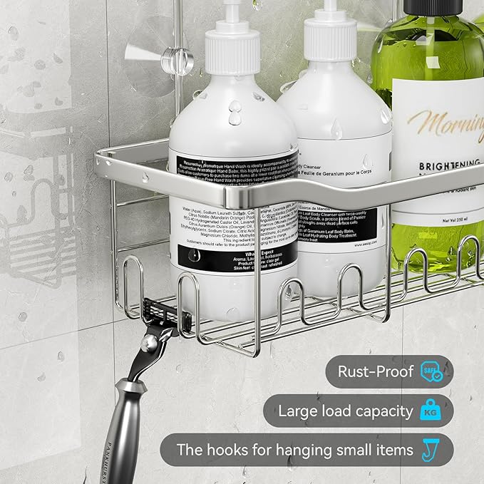 BYT Shower Caddy Hanging, Shower Organizer Hanging for Bathroom, Shower Basket with Hooks, Shower Storage, Shelf, Rack No Drilling for Faucet or Cross Bar (Silver)
