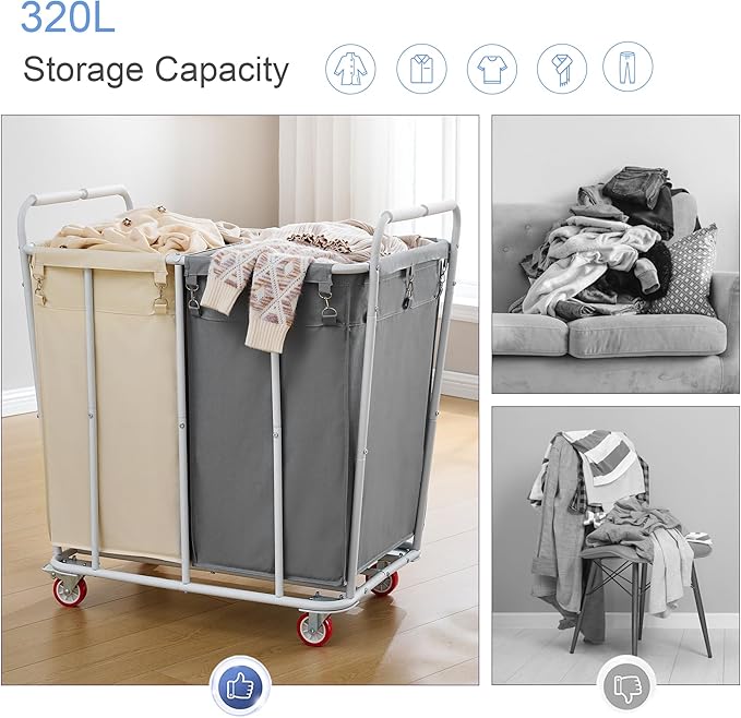 Hoctieon 2 Section Laundry Sorter Cart, 400L Rolling Hamper with Wheels, Industrial Laundry Basket Organizer, Extra Large Dirty Clothes Hamper for Home & Hotel, Heavy Duty, Gray+Beige-NeatNest