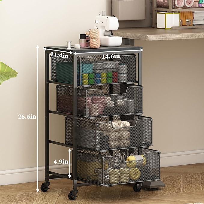 Metal Art and Craft Storage Organization Cart 4-Drawers Utility Rolling Carts With Lockable Wheels&Wooden Tabletop Art-Craft Supplies For Classroom,Office,Make-up,Kitchen,Bedroom,14"L x 11"W x 27.55"H