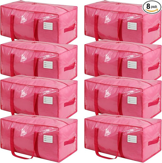 8 Pack Extra Heavy Duty Large Moving Bags with Comfortable Handle & Strong Zipper,Storage Totes for Space Saving Moving Storage College Supplies Alternative to Moving Box,Pink