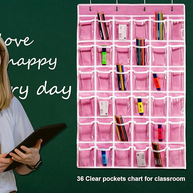 36 Clear Pockets Classroom Pocket Chart for Cell Phones, Pocket Chart Organizer for Calculator Holder with 36 Number Sticker Classroom Hanging Cell Phones Organizer (Pink)-NeatNest