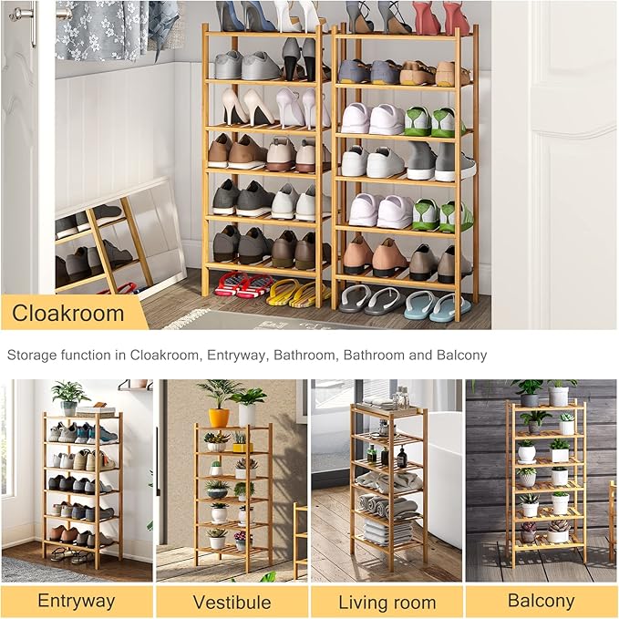 6-Tier Small Shoe Rack for Entryway, Stackable | Heavy Duty | Multi-Function, Bamboo Free Standing Shoe Racks for Bedroom Hallway Closet-NeatNest