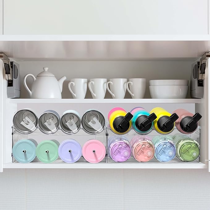 Homecor 2 Pack Water Bottle Organizer, Upgrade Stackable Kitchen Pantry Organization and Storage Rack, Water Bottle Holder for Fridge Cabinet Cupboard Storage, Plastic Tumbler Mug Cup Organizer Rack-NeatNest