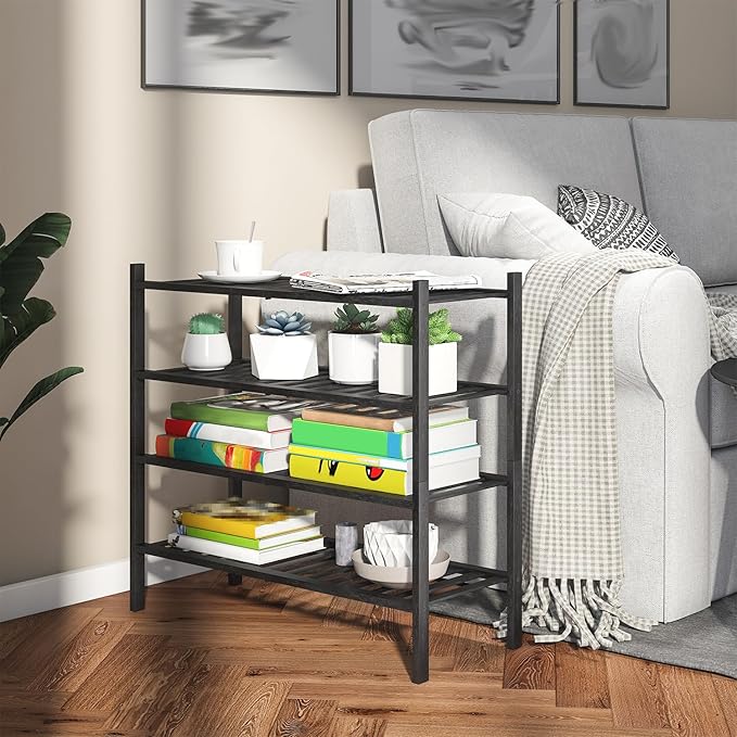 4-Tier Bamboo Shoe Rack for Entryway, Stackable | Heavy Duty | Multi-Function, Free Standing Shoe Racks for Bedroom Hallway Closet（Black）-NeatNest