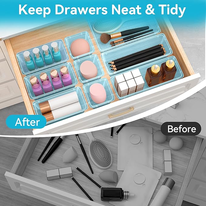 12-Piece Drawer Organizer Set, 4 Sizes Versatile Plastic Vanity Organizer for Makeup, Stationery, Gadgets, in Kitchen, Bathroom, Office, and Bedroom, Sea Blue-NeatNest