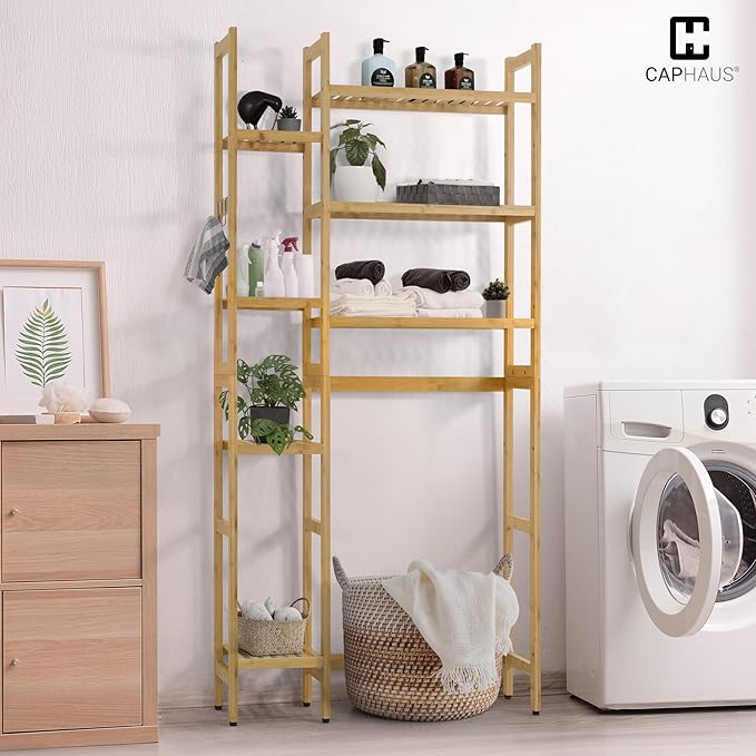 CAPHAUS Over The Toilet Storage Shelf,7-Tier Bamboo Bathroom Organizer Shelf Rack Over Toilet with Adjustable Feet & Hooks, Freestanding Toilet Shelf for Bathroom Laundry Balcony Plant Stand,Natural-NeatNest