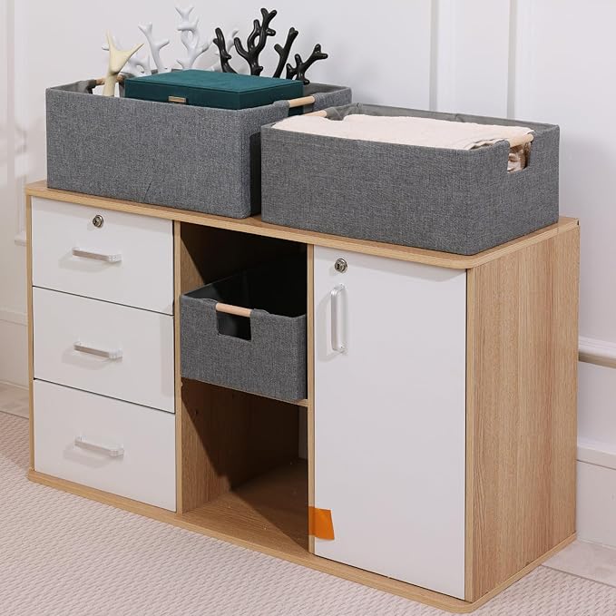 ANMINY 2PCS Storage Baskets for Organizing Collapsible Fabric Storage Bins Boxes with Wood Handles Closet Shelves Cube Organizer Bins Clothes Laundry Storage Container - Small, Gray-NeatNest